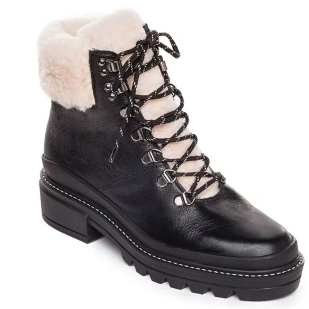 Bernardo Dash Boots 8 Black NWOT Sherpa Ankle Booties Lace Moto Grunge Leather